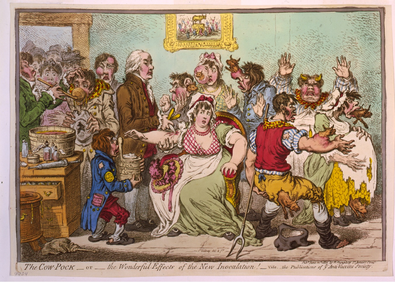 Džeimss Gilrejs, karikatūra „The Cow-Pock—or—the Wonderful Effects of the New Inoculation!” (1802). Avots: ''Wikimedia Commons''